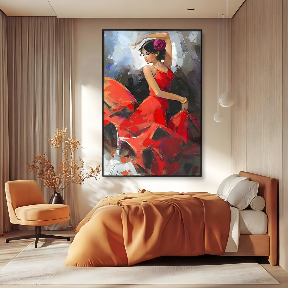 Tablou canvas cu tablou canvas cu dansatoare in rochie rosie, in rama de aluminiu negru, pe perete intr-un dormitor